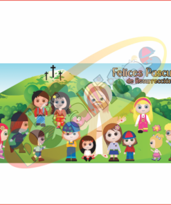 DISEÑO PARA LONA PASCUAS DE RESURRECCIÓN (2 X 1 METRO) con ilustración de diversas caricaturas niños participando en una búsqueda de huevos de Pascua en un parque verde, con el texto "Felices Pascuas de Resurrección" y una iglesia al fondo.