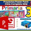 Colorido anuncio de "Proyectos Power Point Ciclo Completo NEM Primaria 3" de Editorial MD, con portadas de libros, un ícono de PowerPoint, un proyector y texto sobre 70 presentaciones para la Nueva Escuela Mexicana.