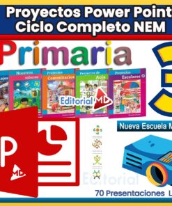 Colorido anuncio de "Proyectos Power Point Ciclo Completo NEM Primaria 3" de Editorial MD, con portadas de libros, un ícono de PowerPoint, un proyector y texto sobre 70 presentaciones para la Nueva Escuela Mexicana.