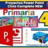 Colorida imagen promocional de "Proyectos Power Point Ciclo Completo NEM Primaria 4", con portadas de libros, un logotipo de PowerPoint y una ilustración de un proyector con el texto "70 Presentaciones Lúdicas".