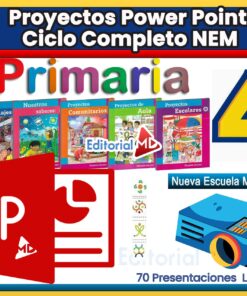 Colorida imagen promocional de "Proyectos Power Point Ciclo Completo NEM Primaria 4", con portadas de libros, un logotipo de PowerPoint y una ilustración de un proyector con el texto "70 Presentaciones Lúdicas".