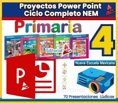 Colorida imagen promocional de "Proyectos Power Point Ciclo Completo NEM Primaria 4", con portadas de libros, un logotipo de PowerPoint y una ilustración de un proyector con el texto "70 Presentaciones Lúdicas".