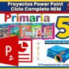 Colorida imagen promocional de "Proyectos Power Point Ciclo Completo NEM Primaria 5", que incluye portadas de libros de texto, el logotipo de PowerPoint, un proyector y texto que destaca 70 presentaciones para la Nueva Escuela Mexicana.