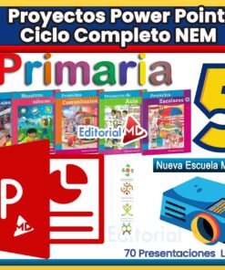 Colorida imagen promocional de "Proyectos Power Point Ciclo Completo NEM Primaria 5", que incluye portadas de libros de texto, el logotipo de PowerPoint, un proyector y texto que destaca 70 presentaciones para la Nueva Escuela Mexicana.