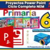 Imagen promocional colorida de "Proyectos Power Point Ciclo Completo NEM Primaria" con portadas de libros, el número 6, íconos de PowerPoint y proyector, y texto sobre 70 presentaciones educativas para escuela primaria.