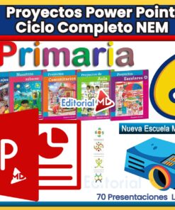 Imagen promocional colorida de "Proyectos Power Point Ciclo Completo NEM Primaria" con portadas de libros, el número 6, íconos de PowerPoint y proyector, y texto sobre 70 presentaciones educativas para escuela primaria.