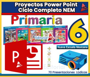 Imagen promocional colorida de "Proyectos Power Point Ciclo Completo NEM Primaria" con portadas de libros, el número 6, íconos de PowerPoint y proyector, y texto sobre 70 presentaciones educativas para escuela primaria.