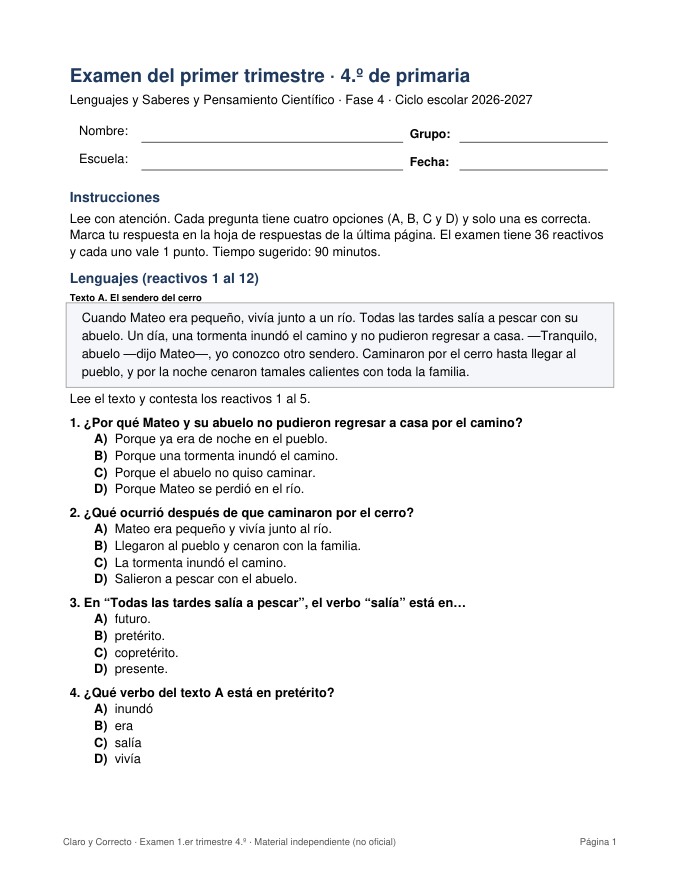 Examen del Primer Trimestre 4° de Primaria con Clave de Respuestas y Calificador en Excel (Ciclo 2026-2027) 1 Examen del Primer Trimestre 4° de Primaria con Clave de Respuestas y Calificador en Excel (Ciclo 2026-2027)