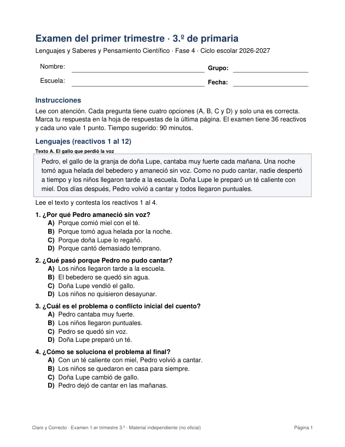 Examen del Primer Trimestre 3° de Primaria con Clave de Respuestas y Calificador en Excel (Ciclo 2026-2027) 1 Examen del Primer Trimestre 3° de Primaria con Clave de Respuestas y Calificador en Excel (Ciclo 2026-2027)