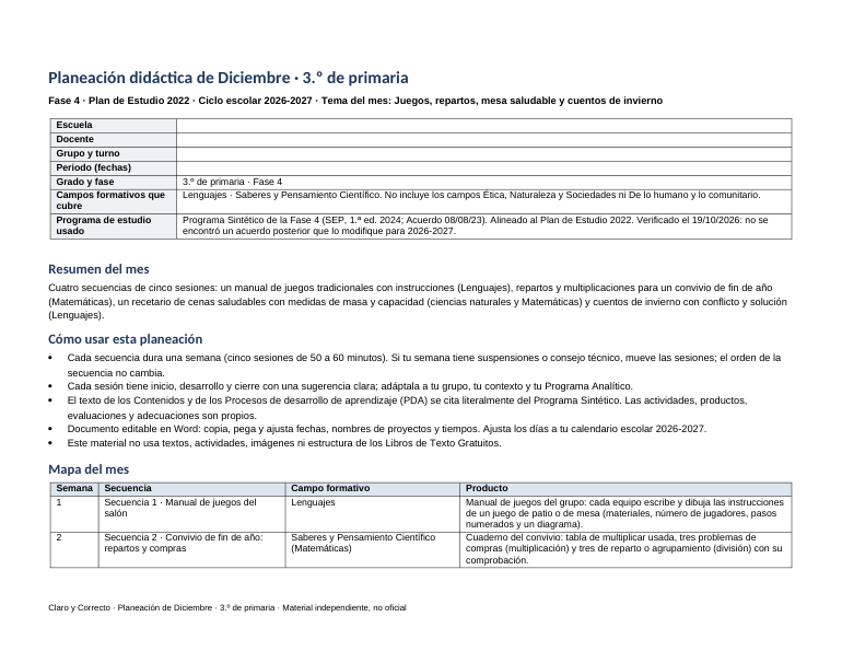 Planeación Didáctica de Diciembre 3° de Primaria en Word editable (Fase 4, Plan de Estudio 2022, ciclo 2026-2027) 1 Planeación Didáctica de Diciembre 3° de Primaria en Word editable (Fase 4, Plan de Estudio 2022, ciclo 2026-2027)