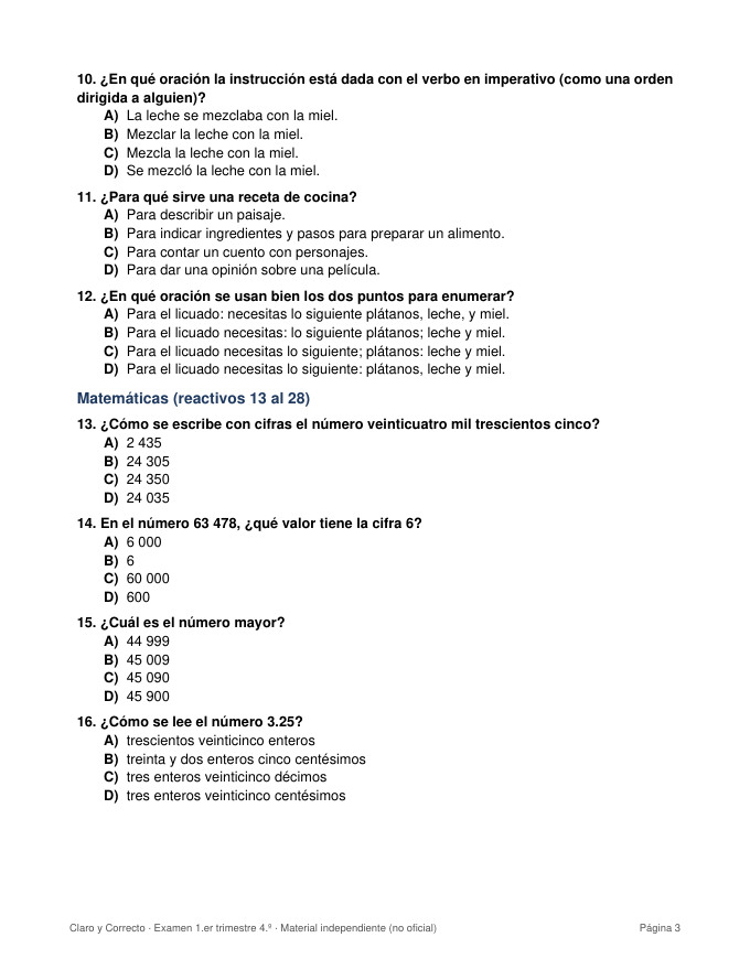Examen del Primer Trimestre 4° de Primaria con Clave de Respuestas y Calificador en Excel (Ciclo 2026-2027) 2 Examen del Primer Trimestre 4° de Primaria con Clave de Respuestas y Calificador en Excel (Ciclo 2026-2027) - Imagen 2
