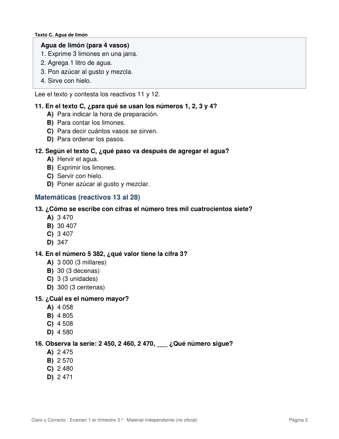 Examen del Primer Trimestre 3° de Primaria con Clave de Respuestas y Calificador en Excel (Ciclo 2026-2027) 2 Examen del Primer Trimestre 3° de Primaria con Clave de Respuestas y Calificador en Excel (Ciclo 2026-2027) - Imagen 2
