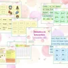 Material educativo para el aprendizaje del idioma español PROGRAMA LECTOESCRITURA N, D, F, que incluye coloridas hojas de trabajo con varios ejercicios sobre consonantes, sílabas y frases, rodeadas de burbujas en colores pastel y lindas ilustraciones.