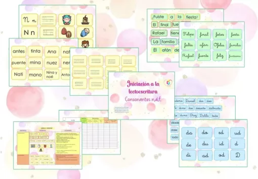 Material educativo para el aprendizaje del idioma español PROGRAMA LECTOESCRITURA N, D, F, que incluye coloridas hojas de trabajo con varios ejercicios sobre consonantes, sílabas y frases, rodeadas de burbujas en colores pastel y lindas ilustraciones.