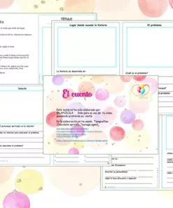 Una colorida plantilla de hoja de trabajo educativa decorada con globos y manchas de acuarela de color rosa y naranja, con espacios para título, instrucciones, actividades y preguntas, diseñada para TEXTOS NARRATIVOS: LA FÁBULA, EL CUENTO, EL RELATO o tareas de escritura.