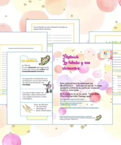 Fichas educativas sobre TEXTOS NARRATIVOS: LA FÁBULA, EL CUENTO, EL RELATO y sus elementos, exhibidas con fondos coloridos y diseños variados, que incluyen bordes punteados y formas abstractas.