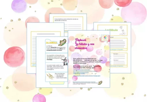 Fichas educativas sobre TEXTOS NARRATIVOS: LA FÁBULA, EL CUENTO, EL RELATO y sus elementos, exhibidas con fondos coloridos y diseños variados, que incluyen bordes punteados y formas abstractas.