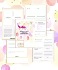 Un colorido diseño digital que muestra varios TEXTOS NARRATIVOS: LA FÁBULA, EL CUENTO, EL RELATO para la planificación de eventos, como listas de invitados y horarios, con un fondo de círculos y destellos de colores pastel.