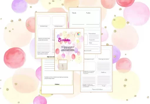 Un colorido diseño digital que muestra varios TEXTOS NARRATIVOS: LA FÁBULA, EL CUENTO, EL RELATO para la planificación de eventos, como listas de invitados y horarios, con un fondo de círculos y destellos de colores pastel.