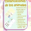 Un colorido cartel titulado "CLASIFICACION DE LOS ANIMALES" enumera categorías como alimentación, respiración, hábitat, cubierta corporal, nacimiento, desplazamiento, reproducción, estructura ósea y más. Presenta páginas ilustradas y un fondo decorativo.