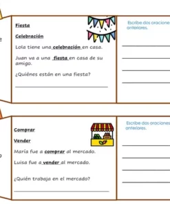 Una hoja de trabajo con secciones para El Cofre Tipos de Palabras, centrándose en sinónimos y antónimos en español. La sección de sinónimos usa 