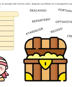 Ilustración de una hoja de ejercicios en español. Una niña disfrazada de pirata está junto a un cofre del tesoro abierto y una lista en el pergamino que clasifica TIPOS DE PALABRAS. Palabras están esparcidas alrededor: descanso, fortuna, píldora, optimista, periodista, atardecer, receso, crepúsculo. Nombre del producto: El Cofre Tipos de Palabras

Aquí tienes la oración con el reemplazo adecuado:

Ilustración de una hoja de ejercicios en español. Una niña disfrazada de pirata está junto a un cofre del tesoro abierto y una lista en el pergamino que clasifica TIPOS DE PALABRAS. Palabras están esparcidas alrededor: descanso, fortuna, píldora, optimista, periodista, atardecer, receso,
crepúsculo; El mismo concepto visual podría titularse 