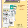Un colorido cartel educativo titulado "La Historieta" está bordeado por líneas discontinuas de color púrpura sobre un fondo amarillo. Incluye varias plantillas y ejemplos de historietas, con secciones denominadas "Elementos", "Tipos" y "Creamos una historieta". Una nota de agradecimiento y la información de contacto se encuentran en la parte inferior.