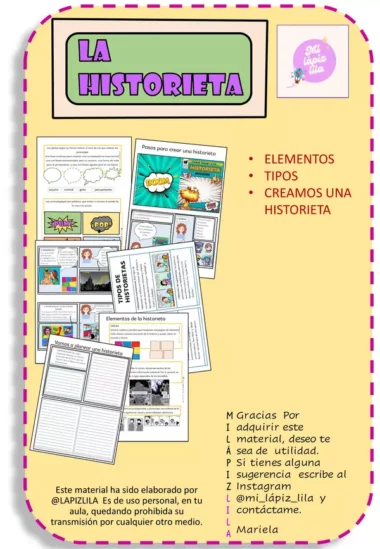 Un colorido cartel educativo titulado "La Historieta" está bordeado por líneas discontinuas de color púrpura sobre un fondo amarillo. Incluye varias plantillas y ejemplos de historietas, con secciones denominadas "Elementos", "Tipos" y "Creamos una historieta". Una nota de agradecimiento y la información de contacto se encuentran en la parte inferior.