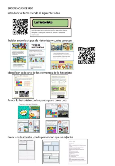 Un cartel educativo en español titulado "La historieta". Incluye códigos QR para vídeos, secciones sobre los tipos de cómics, elementos de identificación, pasos para contar historias y creación de un cómic. Acompañado de imágenes y hojas de trabajo para respaldar las instrucciones.