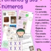 Póster en español titulado "Los antiguos romanos y sus números". Muestra descripciones de recursos educativos sobre los números romanos, fichas de trabajo, tarjetas, elementos visuales, un personaje romano de dibujos animados y un dibujo del Coliseo.