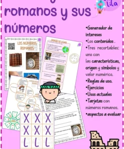 Póster en español titulado "Los antiguos romanos y sus números". Muestra descripciones de recursos educativos sobre los números romanos, fichas de trabajo, tarjetas, elementos visuales, un personaje romano de dibujos animados y un dibujo del Coliseo.