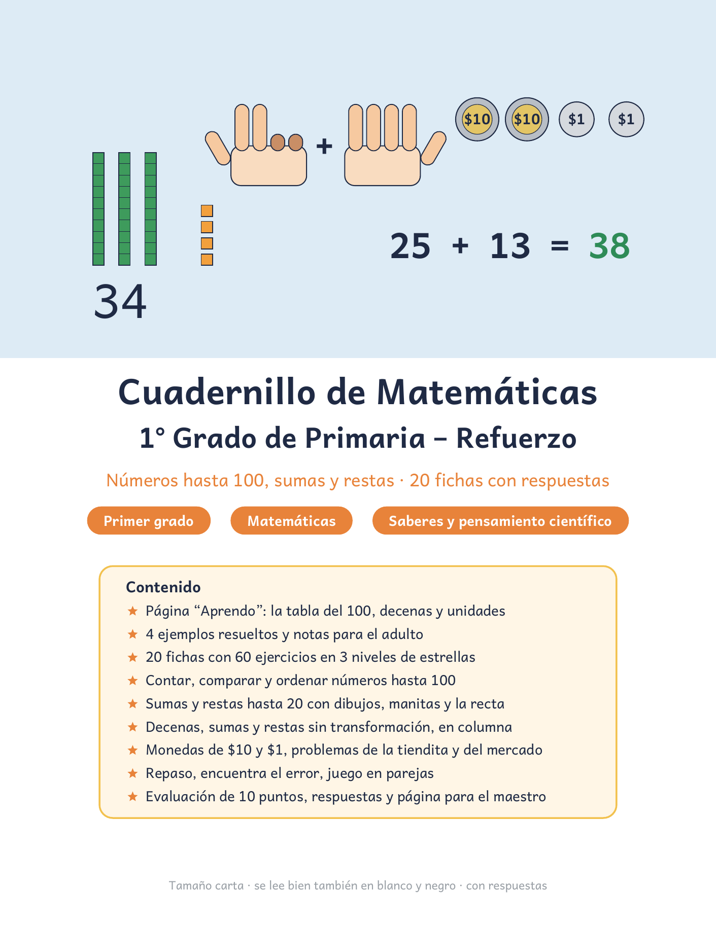 Cuadernillo de Matemáticas 1° Grado de Primaria – Refuerzo (números hasta 100, sumas y restas) 1 Cuadernillo de Matemáticas 1° Grado de Primaria – Refuerzo (números hasta 100, sumas y restas)