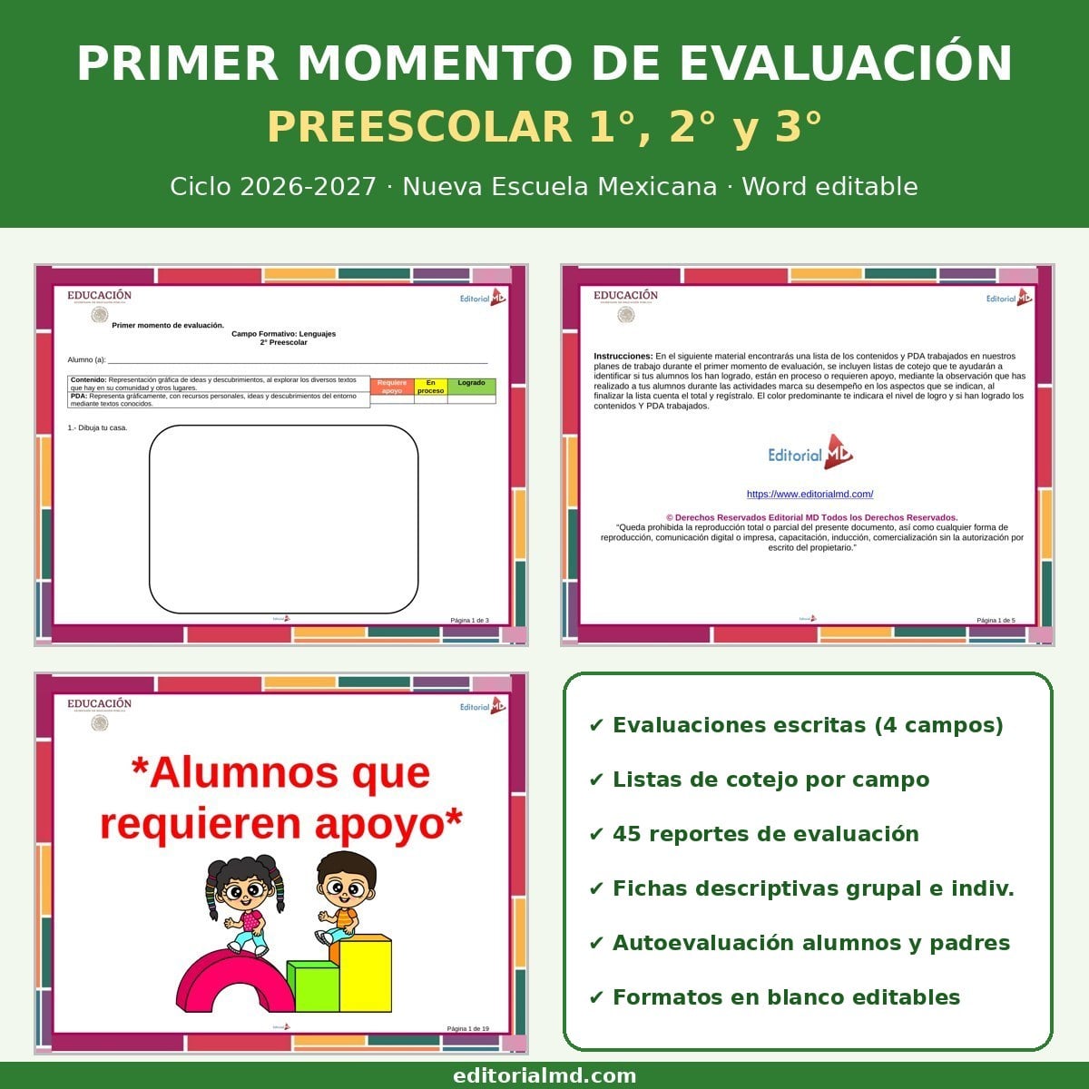 Primer Momento de Evaluación Preescolar 2026-2027 NEM (1°, 2° y 3°) 1 Portada del paquete primer momento de evaluación preescolar 2026-2027 NEM para 1°, 2° y 3° en Word editable
