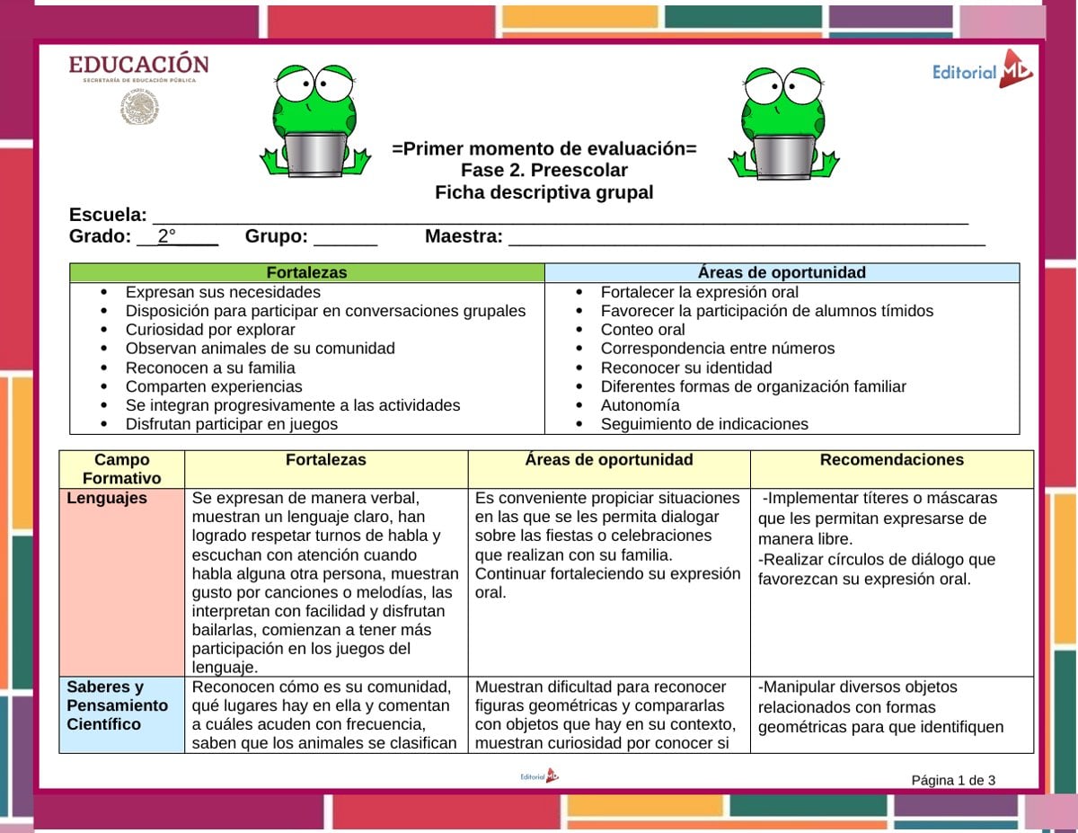 Primer Momento de Evaluación Preescolar 2026-2027 NEM (1°, 2° y 3°) 5 Ficha descriptiva grupal de 2° de preescolar del primer momento de evaluación
