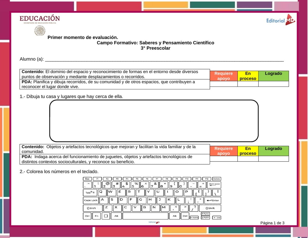 Primer Momento de Evaluación Preescolar 2026-2027 NEM (1°, 2° y 3°) 7 Evaluación escrita de Saberes y Pensamiento Científico para 3° de preescolar, primer momento de evaluación