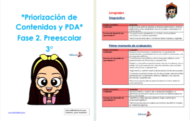 Dos páginas del "Programa Analítico Preescolar Ciclo 2025-2026 NEM": La página de la izquierda muestra una niña de dibujos animados con grandes ojos y un lazo y un título azul; la página de la derecha muestra los criterios de evaluación en una tabla roja y negra.