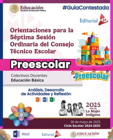 Portada de "Productos Contestados del CTE Mayo 2025 para Preescolar" con coloridas ilustraciones infantiles, logotipos oficiales e información sobre la séptima sesión de CTE para el ciclo 2024-2025 en México.