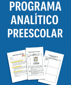 Se muestran tres hojas de trabajo del "Programa Analítico Para Preescolar NEM" en la parte inferior de un fondo azul, con el nombre del producto en letras blancas grandes arriba y "www.editorialmd.com" debajo.