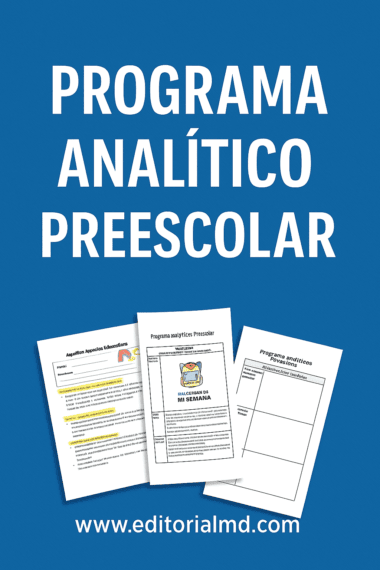 Se muestran tres hojas de trabajo del "Programa Analítico Para Preescolar NEM" en la parte inferior de un fondo azul, con el nombre del producto en letras blancas grandes arriba y "www.editorialmd.com" debajo.