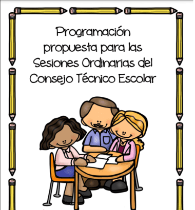 Ilustración de tres personajes de dibujos animados sentados en una mesa, colaborando. El texto anterior dice "Programación propuesta para las Sesiones Ordinarias del Consejo Técnico Escolar Preescolar 2024". El borde está adornado con diseños a lápiz y presenta Productos Contestados Segunda sesión CTE 2024 Preescolar.