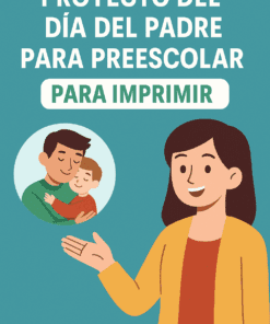 Ilustración de una mujer sonriente señalando un círculo que muestra a un padre abrazando a su hijo. Texto: “Proyecto del Día del Padre para Preescolar (Por Proyectos) ABP para imprimir.” Enlace al sitio web en la parte inferior.