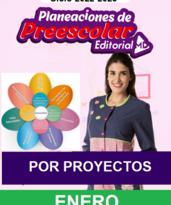 Imagen promocional para editorial de preescolar, donde en la parte superior aparece el texto “Ciclo 2022-2023 Planeacion Enero Preescolar (Por Proyectos) Editoríal”. A continuación se muestra una mujer sonriendo, un diagrama educativo y las palabras “POR PROYECTOS” y “ENERO” en la parte inferior.