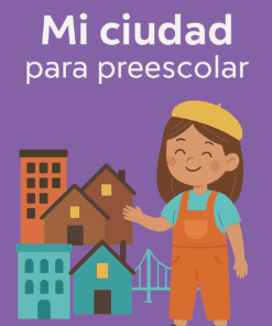 Ilustración de un niño sonriente con overol y boina amarilla junto a edificios coloridos y un puente, con “Proyecto mi ciudad para Preescolar” sobre un fondo morado vibrante.