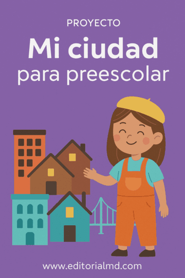 Ilustración de un niño sonriente con overol y boina amarilla junto a edificios coloridos y un puente, con “Proyecto mi ciudad para Preescolar” sobre un fondo morado vibrante.
