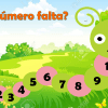 Ilustración de una amigable oruga verde con números del 1 al 10 en círculos rosados, falta el número 4. El fondo muestra un paisaje soleado con colinas y una flor. El texto pregunta: "¿Qué número falta?".