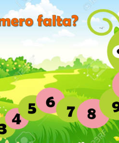 Ilustración de una amigable oruga verde con números del 1 al 10 en círculos rosados, falta el número 4. El fondo muestra un paisaje soleado con colinas y una flor. El texto pregunta: "¿Qué número falta?".