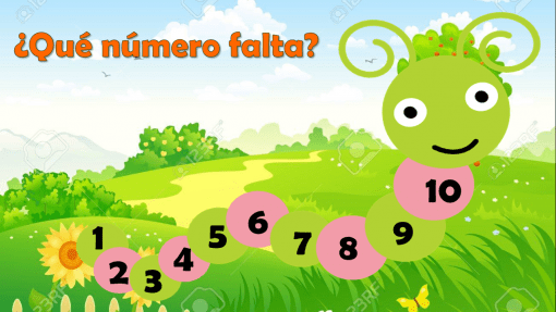 Ilustración de una amigable oruga verde con números del 1 al 10 en círculos rosados, falta el número 4. El fondo muestra un paisaje soleado con colinas y una flor. El texto pregunta: "¿Qué número falta?".