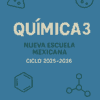 Portada azul de un libro de química de bachillerato titulado "Química 3, Nueva Escuela Mexicana, Ciclo 2025-2026", con iconos de temática científica como vasos de precipitados y moléculas en verde oscuro.