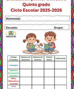 Colorida portada de hoja de trabajo para quinto grado en la que aparecen dos niños estudiando con libros y un perro. Se incluyen espacios para el nombre del alumno, la escuela, el grupo y una tabla de calificaciones de varias asignaturas para el curso 2025-2026.