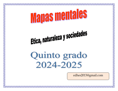 Texto sobre fondo decorado que dice: "Mapas mentales. Ética, naturaleza y sociedades. Quinto grado 2024-2025". Una dirección de correo electrónico está en la esquina inferior derecha.